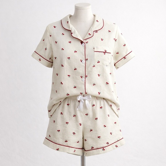 Unbranded Other - Cherry Print Pajama Set Button Shirt Shorts Size M Cream Red Novelty Print Fruit